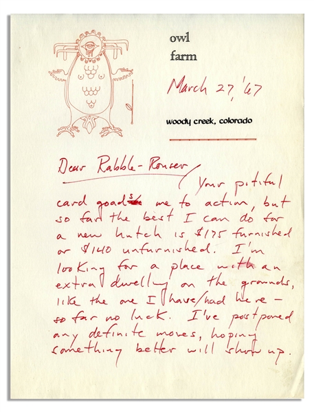 Hunter S. Thompson Autograph Letter Signed From 1967 -- ''...not a penny yet from Random on the book, and a big court/contract battle is shaping up...''